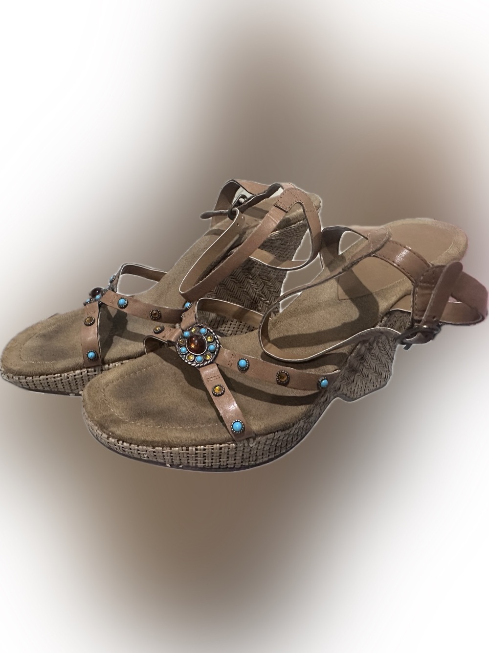 Mixit Brown Wedge Sandals with Turquoise and Amber Beads